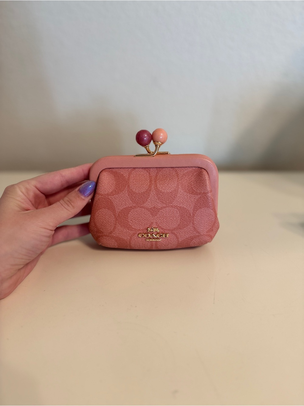 Coach Pink Signature Kiss-Lock Coin Pouch with Two-Tone Beads